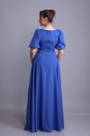 Kot Mavi Uzun Kare Yaka Balon Kol Abiye Elbise