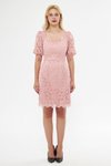 Koyu Pudra Fransız Dantel Mini Kare Yaka Balon Kol Abiye Elbise