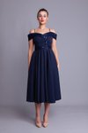 Lacivert Kareli Midi Askılı Payet Detaylı Abiye Elbise