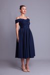 Lacivert Kareli Midi Askılı Payet Detaylı Abiye Elbise