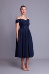 Lacivert Kareli Midi Askılı Payet Detaylı Abiye Elbise