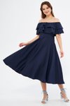 Lacivert Midi Dökümlü Fırfır Yaka Düşük Omuz Abiye Elbise