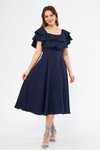 Lacivert Midi Dökümlü Fırfır Yaka Düşük Omuz Abiye Elbise