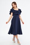 Lacivert Midi Dökümlü Fırfır Yaka Düşük Omuz Abiye Elbise