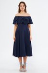Lacivert Midi Dökümlü Fırfır Yaka Düşük Omuz Abiye Elbise