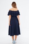 Lacivert Midi Dökümlü Fırfır Yaka Düşük Omuz Abiye Elbise