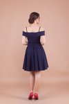 Lacivert Mini Askılı Düşük Omuz Detaylı Pileli Abiye Elbise