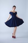 Mini Flared Pleated Boat Neck Evening Dress - Navy Blue
