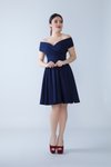 Lacivert Mini Kayık Yaka Pileli Kloş Abiye Elbise
