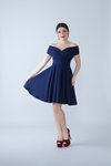Lacivert Mini Kayık Yaka Pileli Kloş Abiye Elbise