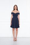 Lacivert Mini Kloş Kalp Yaka Düşük Omuz Abiye Elbise