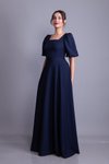 Lacivert Uzun Kare Yaka Balon Kol Abiye Elbise