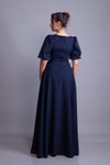 Lacivert Uzun Kare Yaka Balon Kol Abiye Elbise