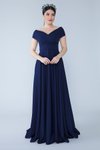 Lacivert Uzun Kayık Kruvaze Yaka Düşük Omuz Abiye Elbise