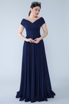 Lacivert Uzun Kayık Kruvaze Yaka Düşük Omuz Abiye Elbise