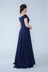 Lacivert Uzun Kayık Kruvaze Yaka Düşük Omuz Abiye Elbise