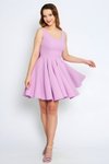 Lila Mini Pileli Kloş Sırtı Fiyonklu Abiye Elbise