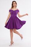 Mor Mini Askılı Kayık Yaka Pileli Kloş Abiye Elbise