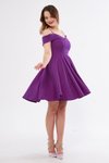 Mor Mini Askılı Kayık Yaka Pileli Kloş Abiye Elbise