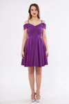 Mor Mini Askılı Kayık Yaka Pileli Kloş Abiye Elbise