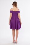 Mor Mini Askılı Kayık Yaka Pileli Kloş Abiye Elbise