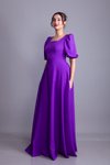 Mor Uzun Kare Yaka Balon Kol Abiye Elbise