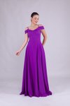 Mor Uzun Omuz Detaylı Abiye Elbise