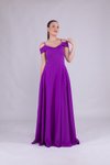 Mor Uzun Omuz Detaylı Abiye Elbise