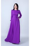 Mor Yuvarlak Yaka Uzun Kol Beli Büzgülü Tesettür Abiye Elbise