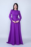 Mor Yuvarlak Yaka Uzun Kol Beli Büzgülü Tesettür Abiye Elbise