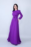 Mor Yuvarlak Yaka Uzun Kol Beli Büzgülü Tesettür Abiye Elbise