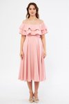 Pudra Midi Dökümlü Düşük Omuz Fırfır Yaka Dokuma Elbise