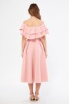 Pudra Midi Dökümlü Düş ük Omuz Fırfır Yaka Dokuma Elbise