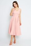 Pudra Midi Pileli Kloş V Yaka Sırtı Fiyonklu Abiye Elbise