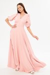 Pudra Uzun Balon Kol V Yaka Kemerli Pileli Abiye Elbise