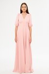 Pudra Uzun Balon Kol V Yaka Kemerli Pileli Abiye Elbise