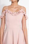 Pudra Uzun Straplez Kloş Fırfır Detaylı Abiye Elbise