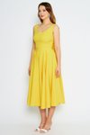 Sarı Midi Pileli Kloş Sırt Dekolteli Fiyonklu Abiye Elbise