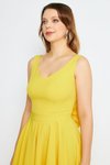 Sarı Midi Pileli Kloş Sırt Dekolteli Fiyonklu Abiye Elbise