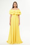 Sarı Uzun Kloş Düşük Omuz Çift Kat Fırfır Yaka Abiye Elbise