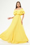 Sarı Uzun Kloş Düşük Omuz Çift Kat Fırfır Yaka Abiye Elbise
