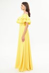 Sarı Uzun Kloş Düşük Omuz Çift Kat Fırfır Yaka Abiye Elbise