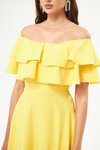 Sarı Uzun Kloş Düşük Omuz Çift Kat Fırfır Yaka Abiye Elbise