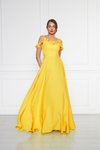 Sarı Uzun Straplez Kloş Fırfır Detaylı Abiye Elbise