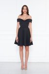 Siyah Scuba Mini Kloş Kalp Yaka Düşük Omuz Abiye Elbise