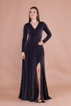 Siyah Simli Uzun Kruvaze Yaka Yırtmaçlı Kol Abiye Elbise