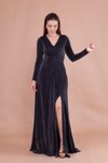 Siyah Simli Uzun Kruvaze Yaka Yırtmaçlı Kol Abiye Elbise