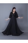 Siyah Uzun Kruvaze Yaka Yarasa Kol Payet Detaylı Abiye Elbise