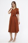 Tarçın Kruvaze Yaka Midi Kuşaklı Elbise