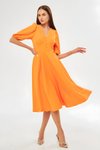 Turuncu Midi Balon Kol V Yaka Korsaj Kemerli Göğüs Pileli Abiye Elbise